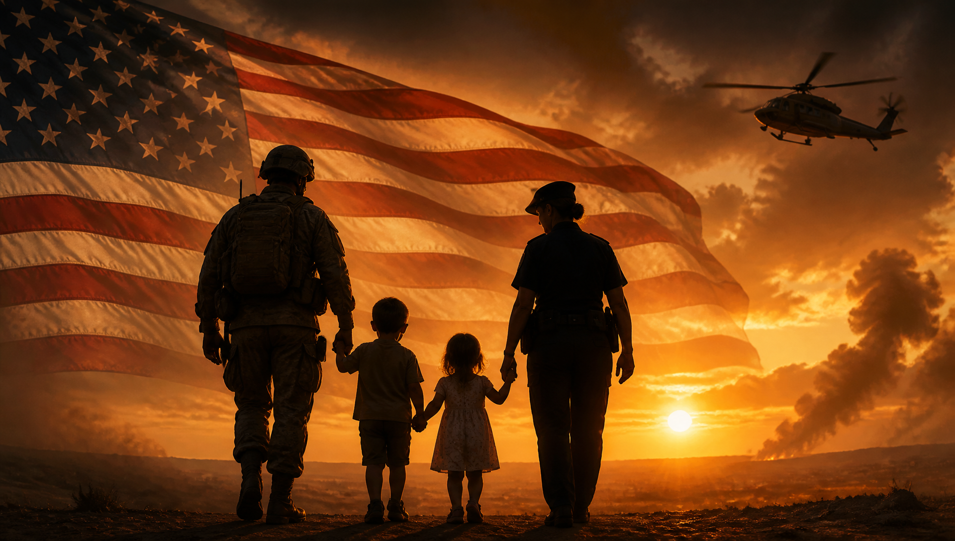 Silhouette of a service member and first responder holding hands with children against an American flag at sunset